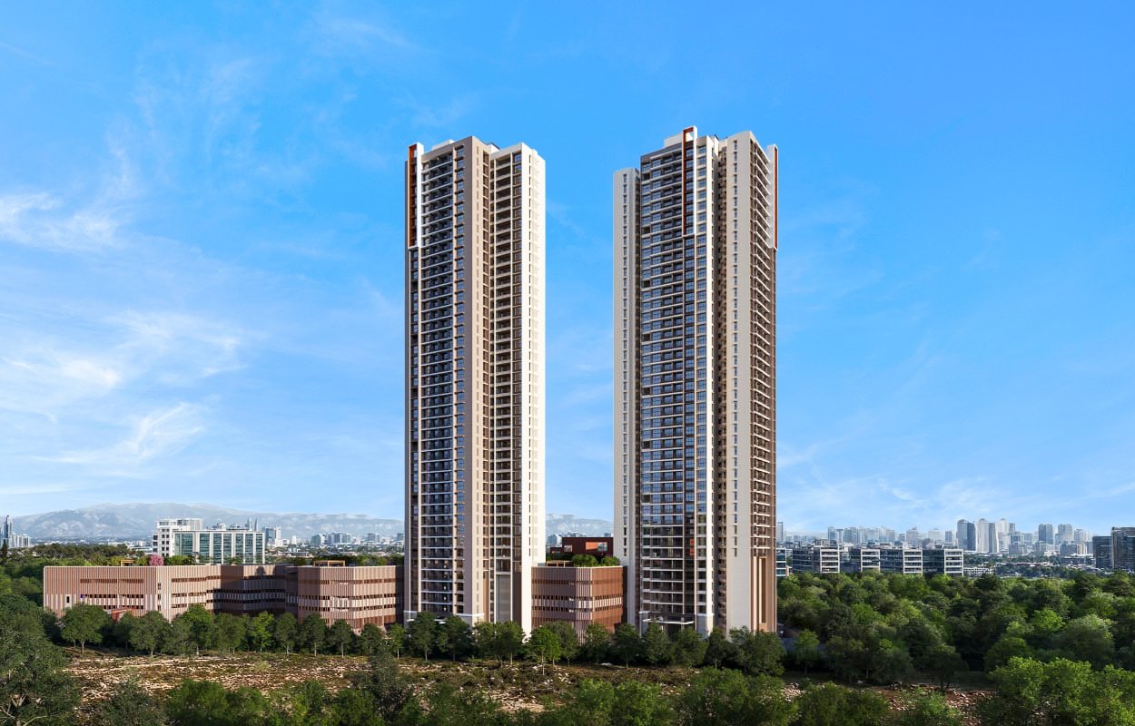 Aerial view of luxury integrated township in Ghansoli, Navi Mumbai at dusk