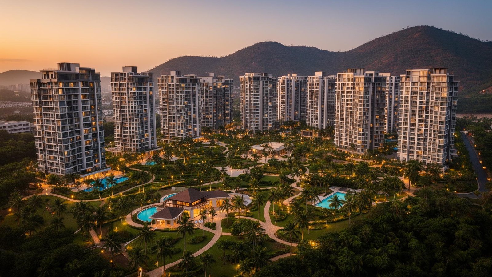 Aerial view of luxury integrated township in Ghansoli, Navi Mumbai at dusk